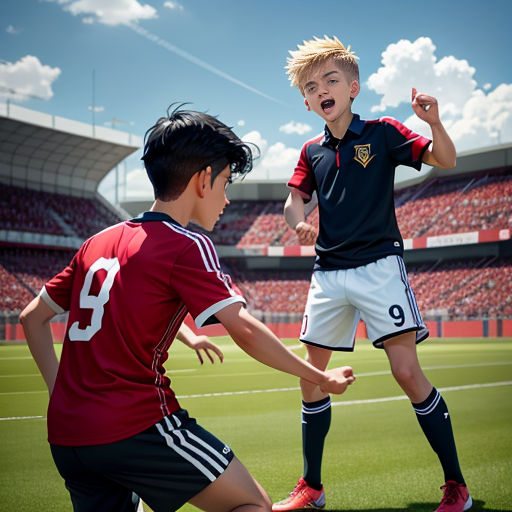 two young boys playing soccer on a soccer field with a stadium in the background and a sky background with clouds