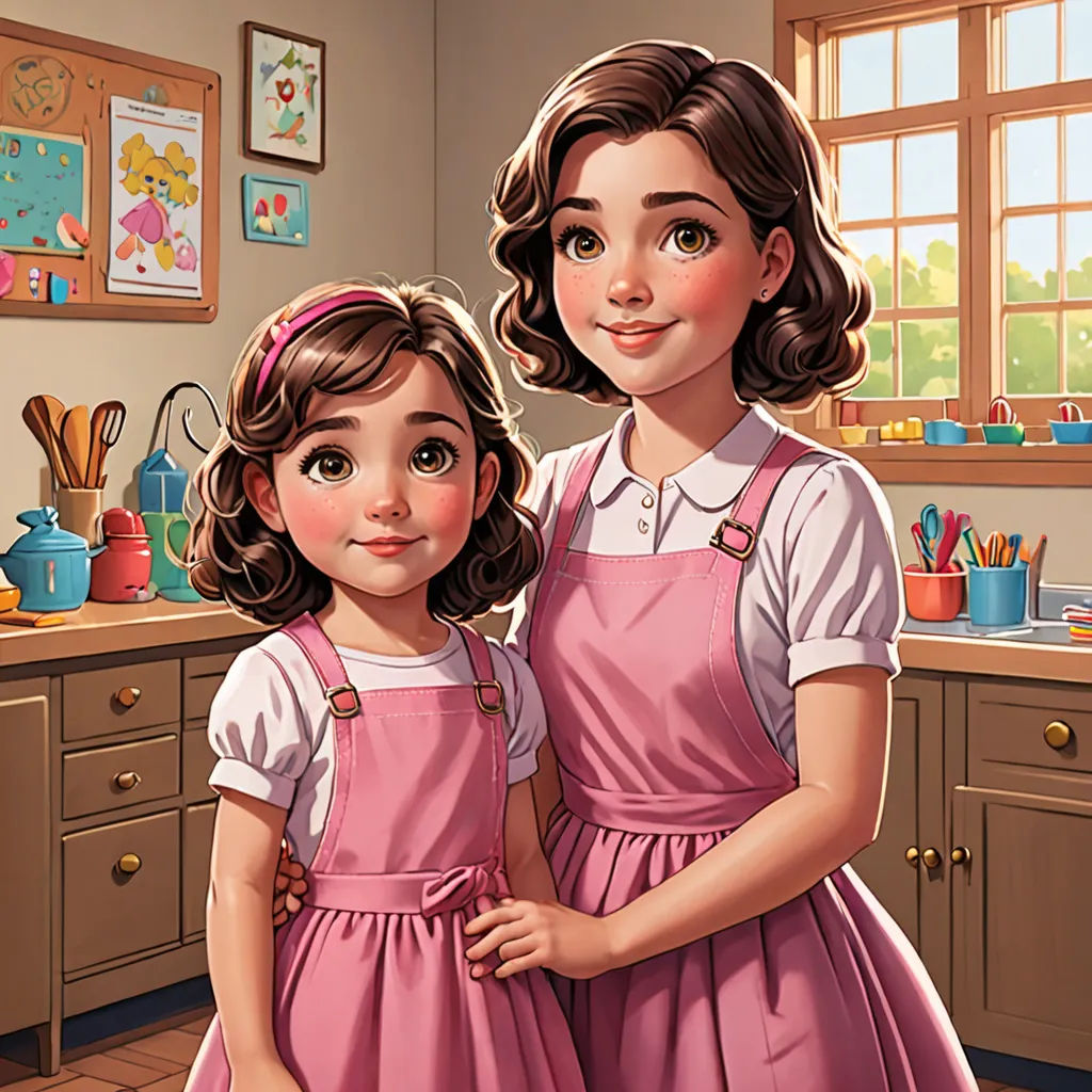 a painting of two girls in a kitchen with a window behind them and a picture of a girl in a pink dress, american scene painting, a storybook illustration, Brothers Hildebrandt, high detail illustration