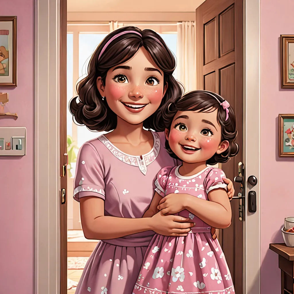 a painting of a mother and daughter hugging in a pink room with a pink wall and a pink door, photorealism, a storybook illustration, disney, kinkade
