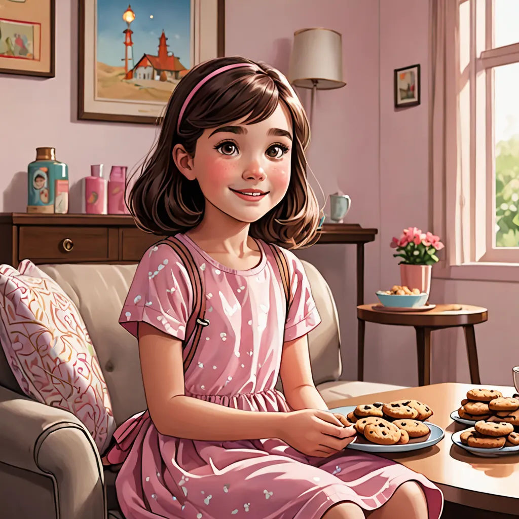 a girl sitting on a couch with a plate of cookies on the table in front of her and a vase of flowers in the background, american scene painting, a storybook illustration, Chris LaBrooy, cgstudio