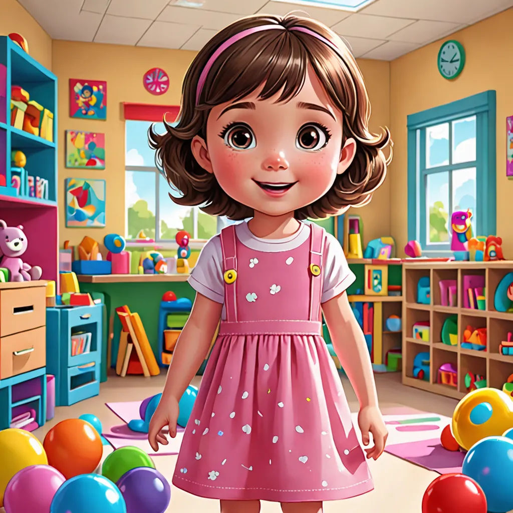 a girl in a pink dress standing in a room filled with toys and balloons on the floor and a teddy bear on the floor, american scene painting, a storybook illustration, artist, art station