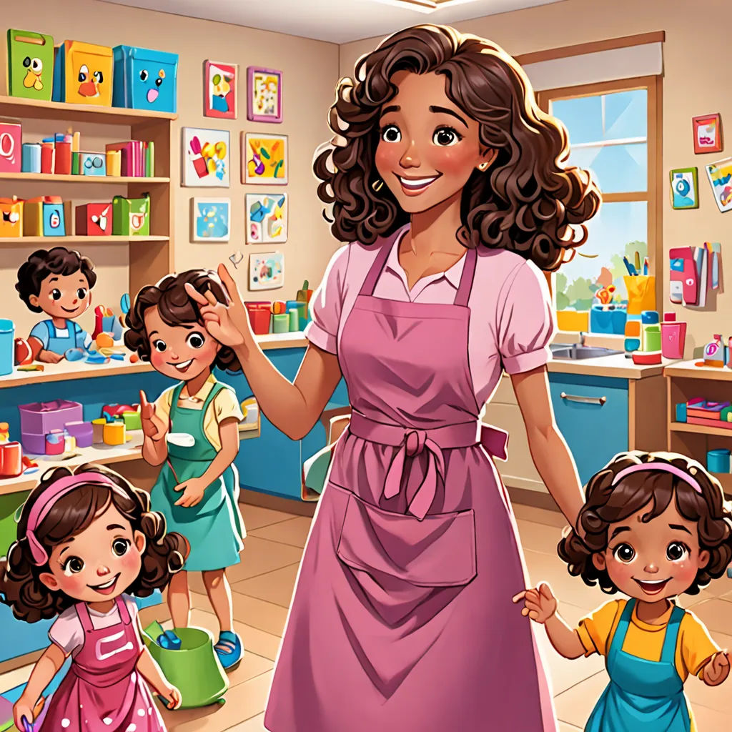 a woman in a pink apron standing in a kitchen with children in the background and a child in the foreground, american scene painting, a storybook illustration, Florence Engelbach, promotional image