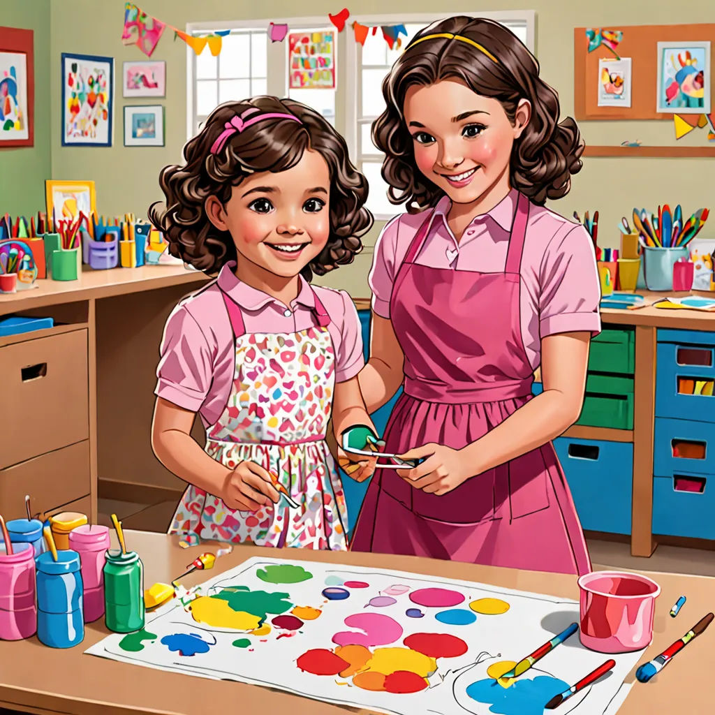 a painting of two girls in a room with a table full of paintbrushes and paints and a large picture of a girl in the background, naive art, a detailed painting, artist, art station