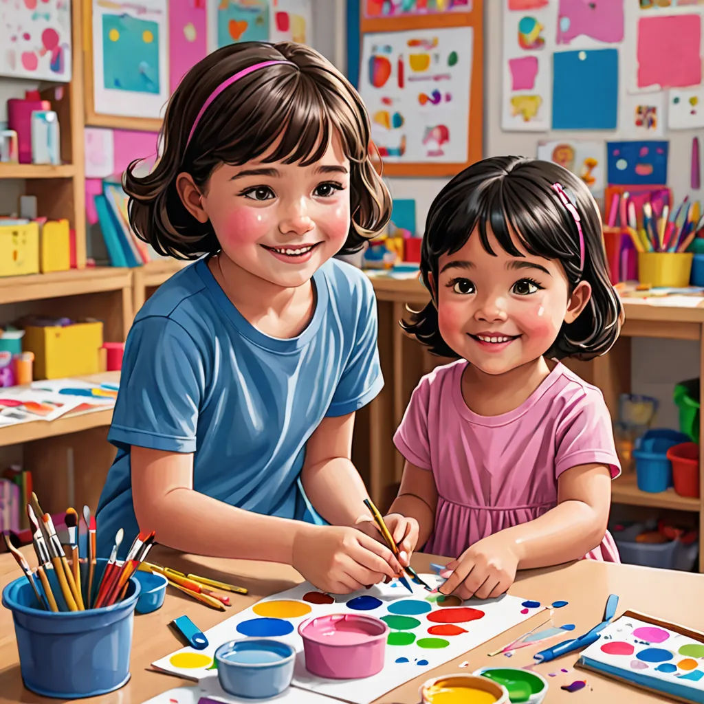 two children are painting in a classroom with a desk full of books and toys and a shelf full of books, american scene painting, a detailed painting, artist, professional digital painting