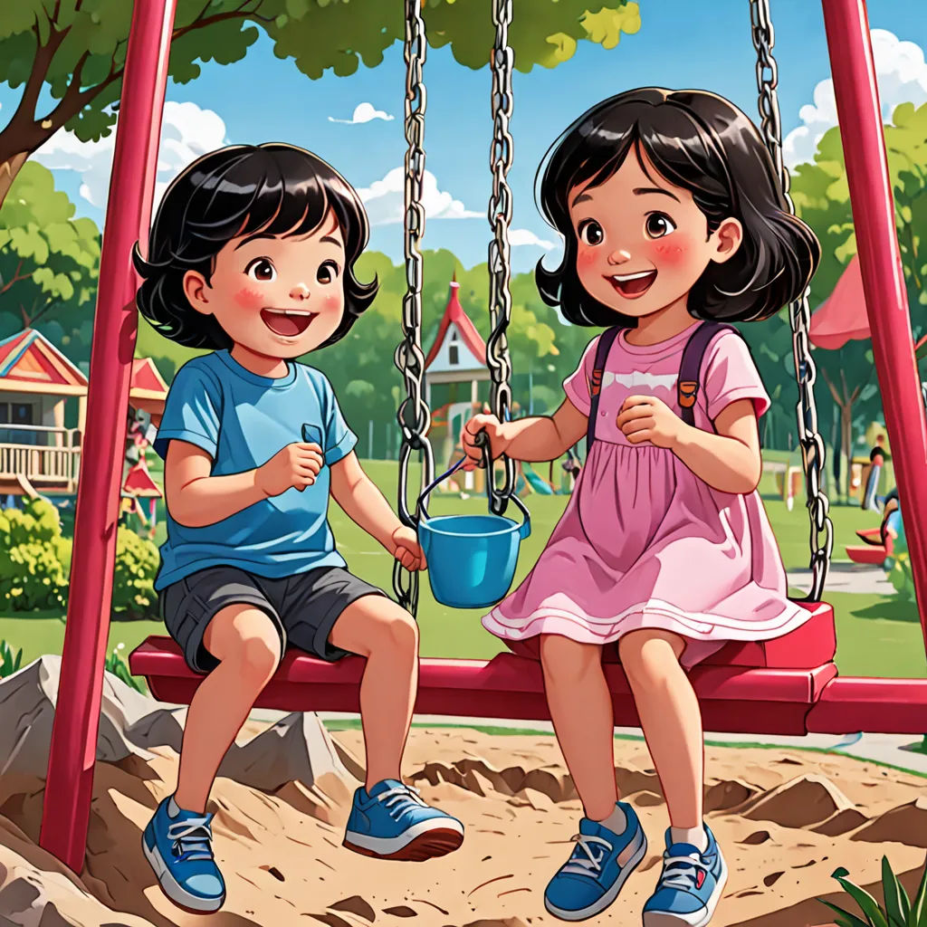 a couple of kids sitting on a swing in a park together, holding hands and smiling at the camera, lyco art, a storybook illustration, Anthony Devas, storybook illustration