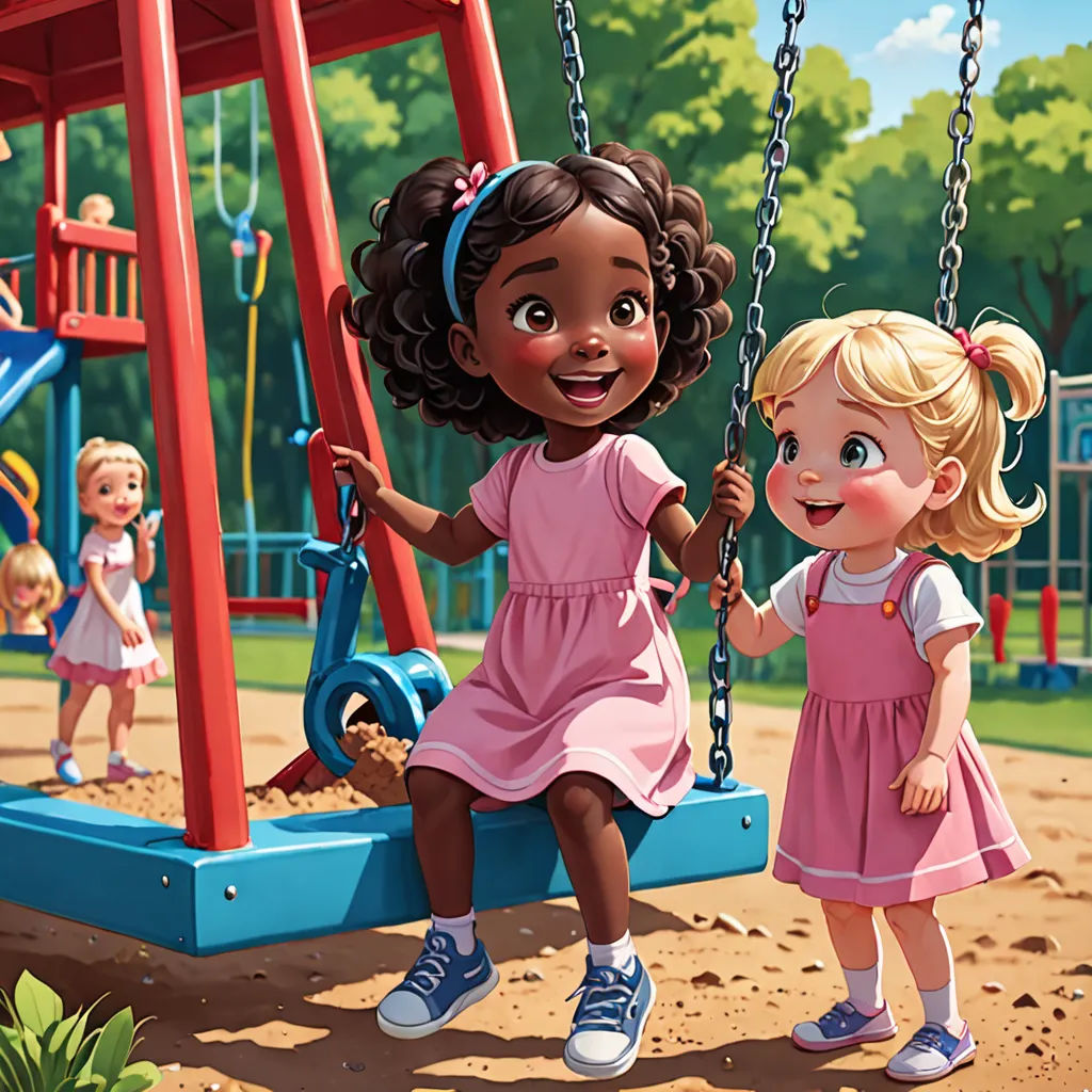 a couple of kids playing on a swing set in a park with a girl holding the hand of a girl, american scene painting, a storybook illustration, Bob Byerley, storybook illustration