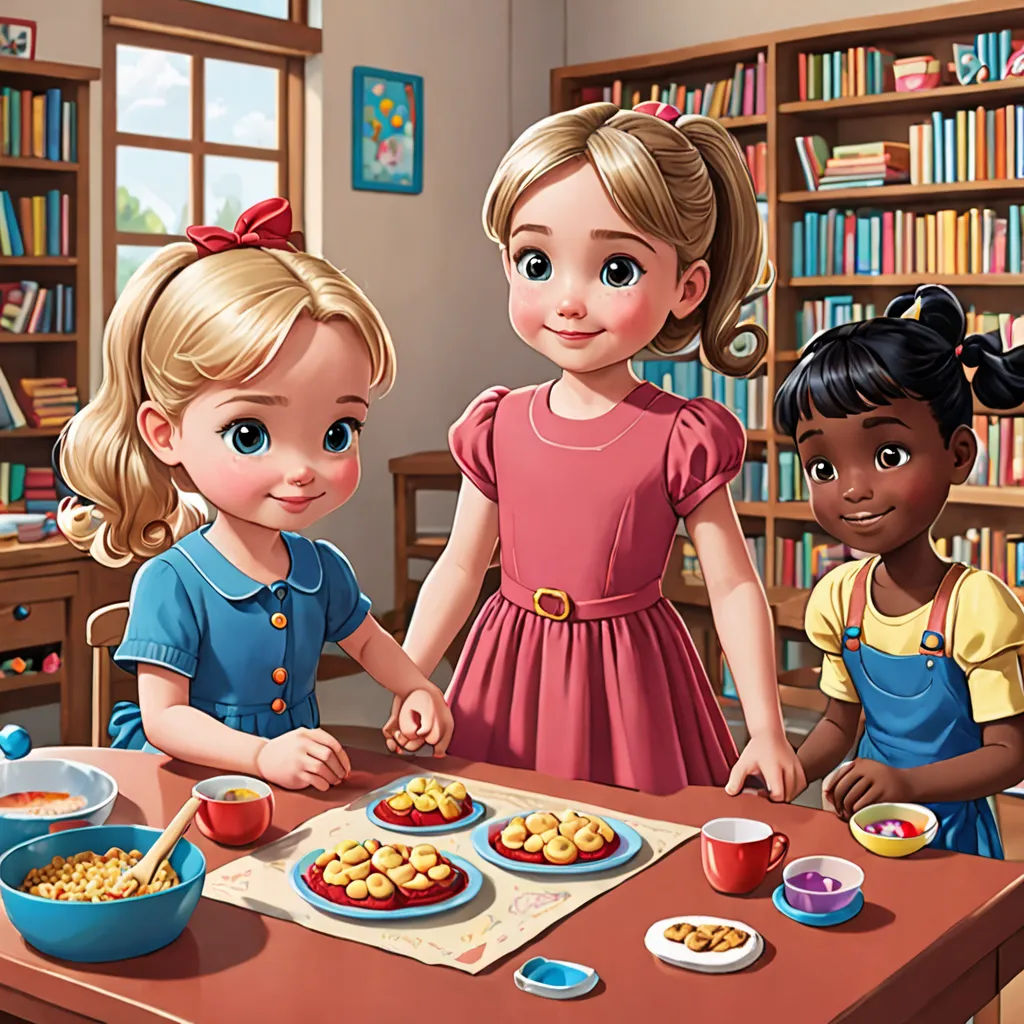 a group of children standing around a table with food on it and a bookcase in the background with books, socialist realism, a storybook illustration, Bourgeois, official art