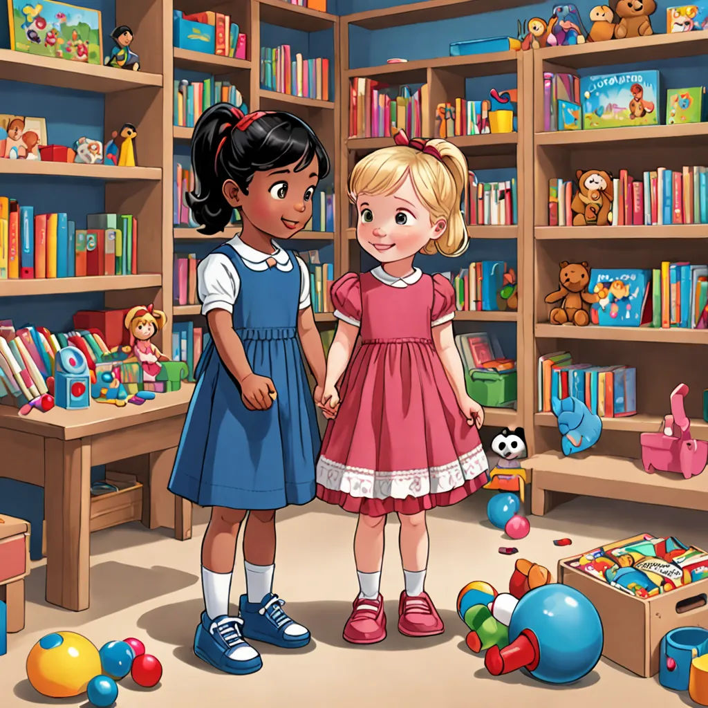 two young girls standing in front of a bookshelf full of books and toys, one of them is holding the hand of the other, american scene painting, a storybook illustration, Art & Language, storybook illustration