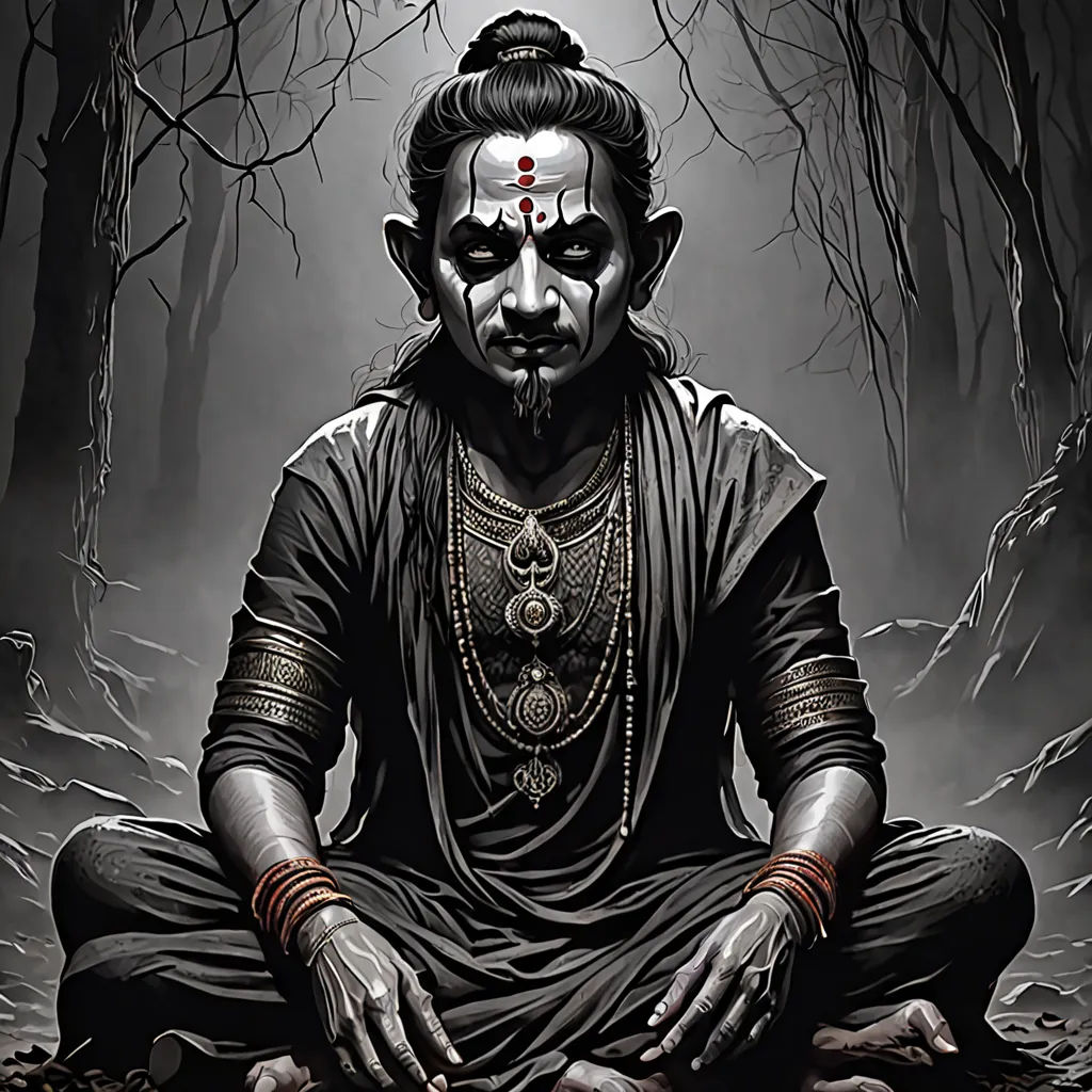 a painting of a demon sitting in a forest with his hands crossed out and eyes closed, with a red dot on his forehead, gothic art, a digital painting, Bastien L. Deharme, highly detailed digital painting