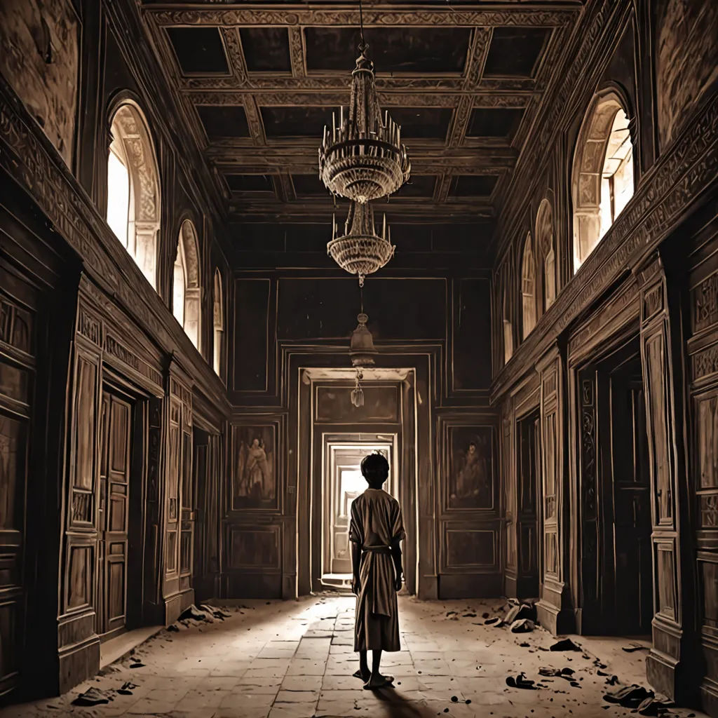 a person standing in a hallway with a chandelier hanging from the ceiling and a chandelier hanging from the ceiling, art photography, a detailed matte painting, Dirk Crabeth, cinematic photography