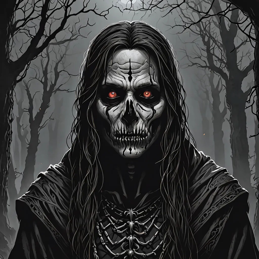 a creepy skeleton with red eyes in a forest with trees and a full moon in the background, with a creepy looking face, gothic art, a character portrait, Dirk Crabeth, dark art