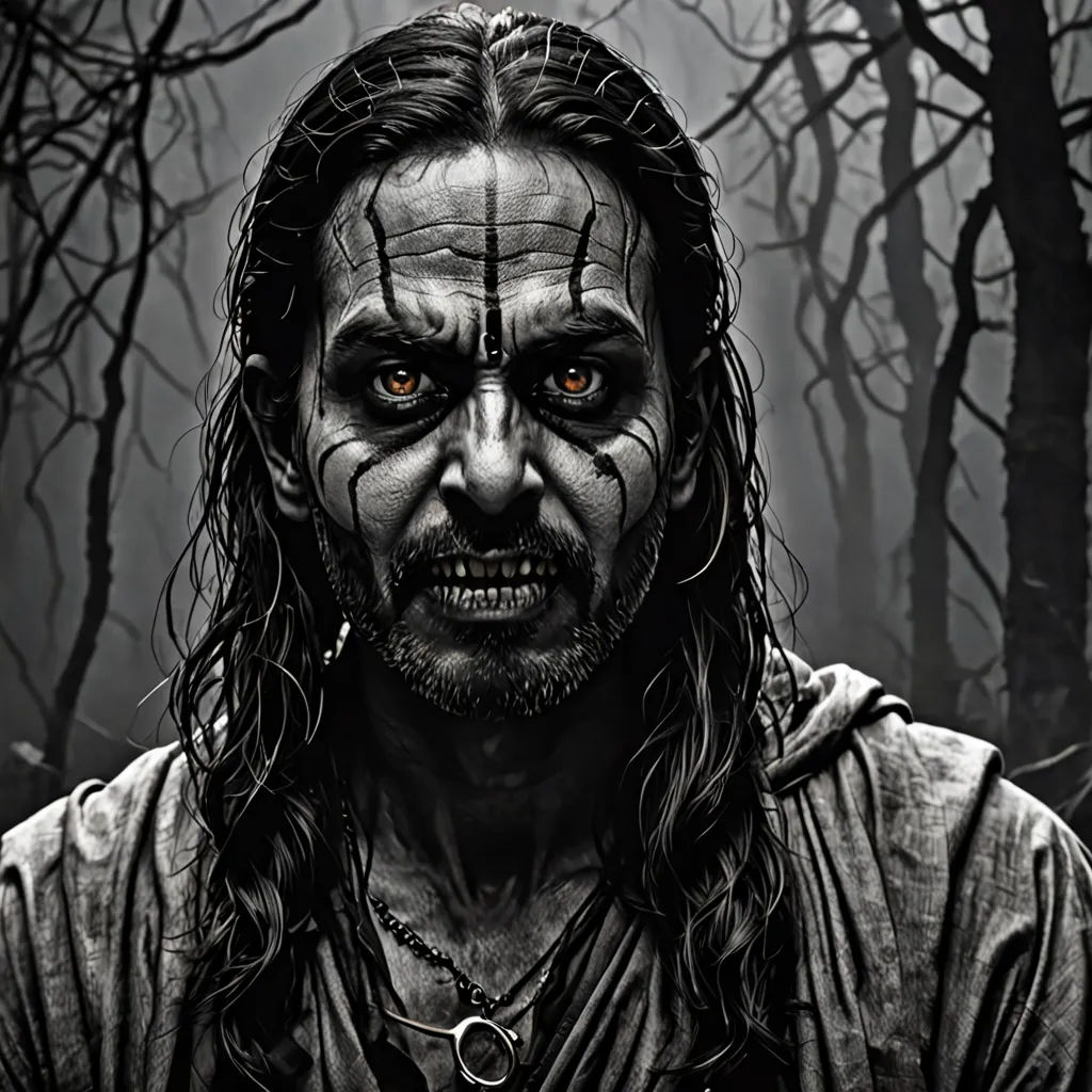a man with long hair and a creepy face in a forest with trees and branches in the background, with a creepy look on his face, gothic art, poster art, Dirk Crabeth, dark art