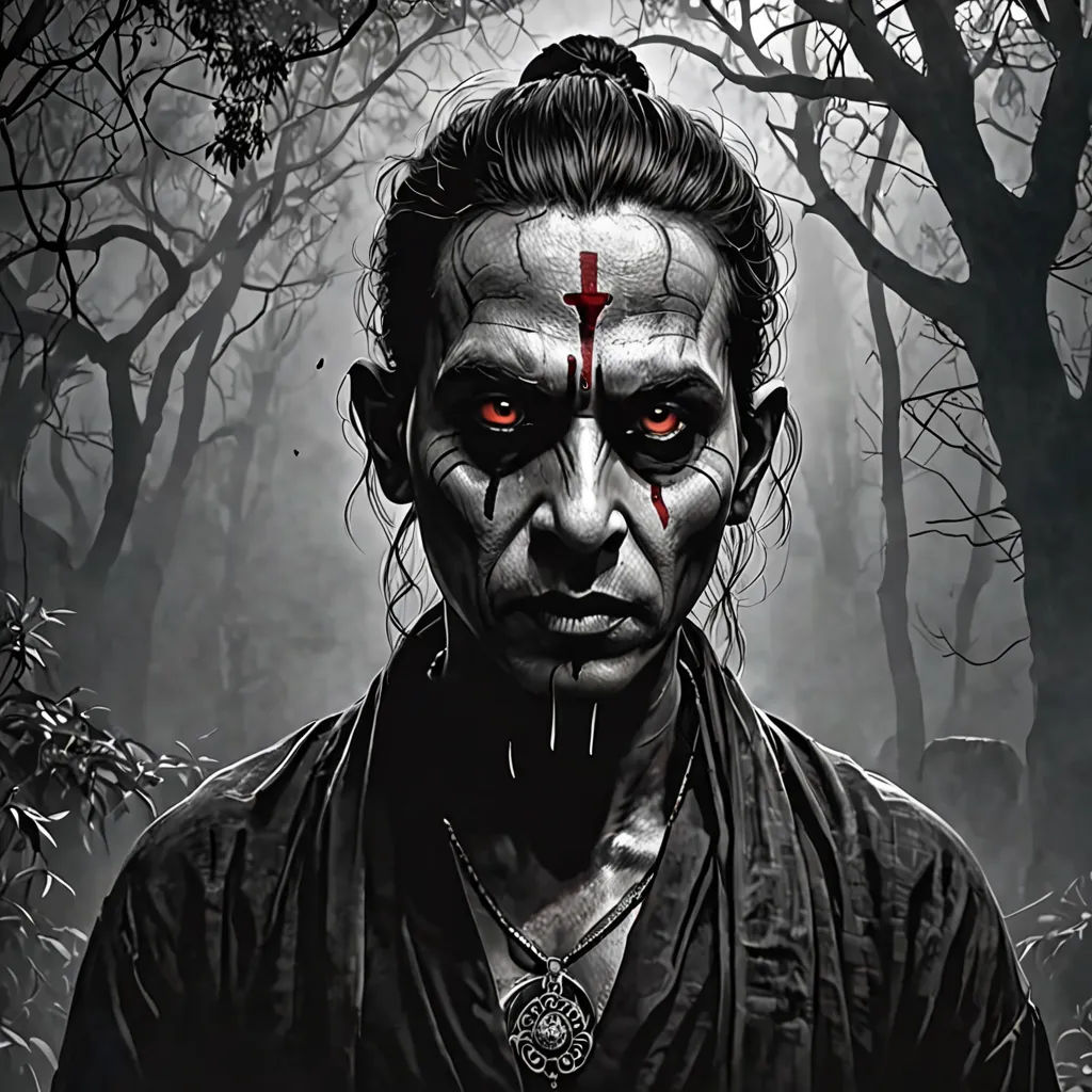 a creepy looking man with red eyes and a cross on his forehead in a forest with trees and branches, digital art, poster art, Eddie Mendoza, sinister