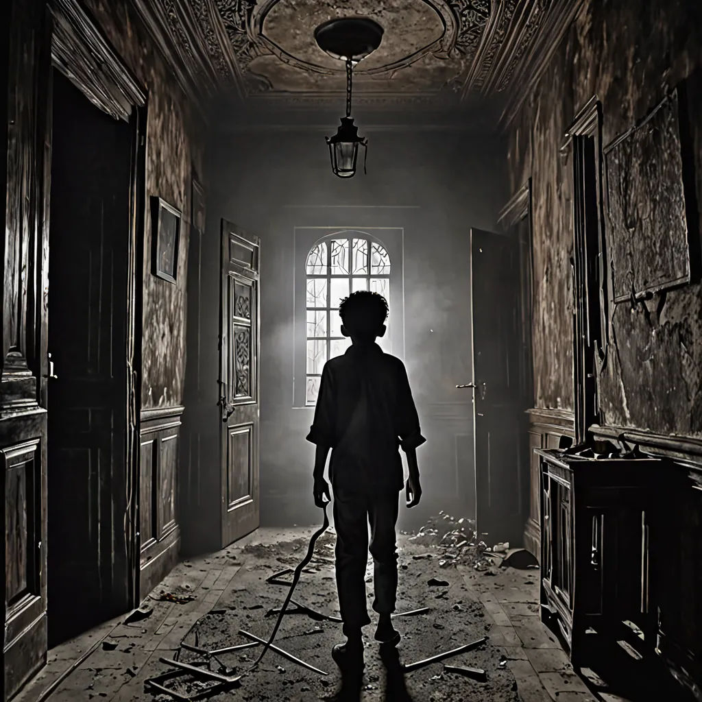 a man standing in a dark room with a vacuum in his hand and a broken door in the background, art photography, a detailed matte painting, Dirk Crabeth, promotional image