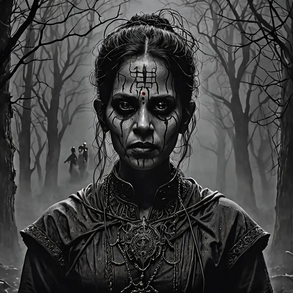 a woman with makeup and a cross on her face in a forest with trees and people in the background, gothic art, poster art, Dirk Crabeth, dark art