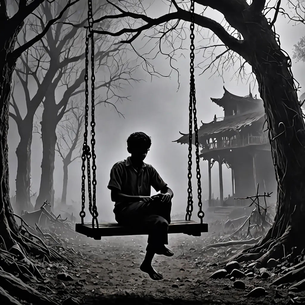a man sitting on a swing in a forest with a house in the background and a tree in the foreground, magical realism, a matte painting, Arthur Pan, dark art