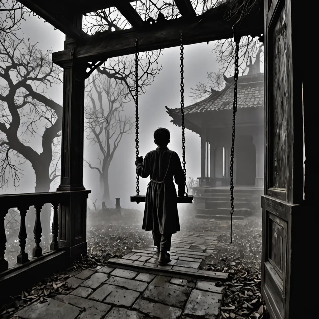a person on a swing in a dark room with a tree in the background and a pagoda in the background, gothic art, a matte painting, Dirk Crabeth, gloomy atmosphere