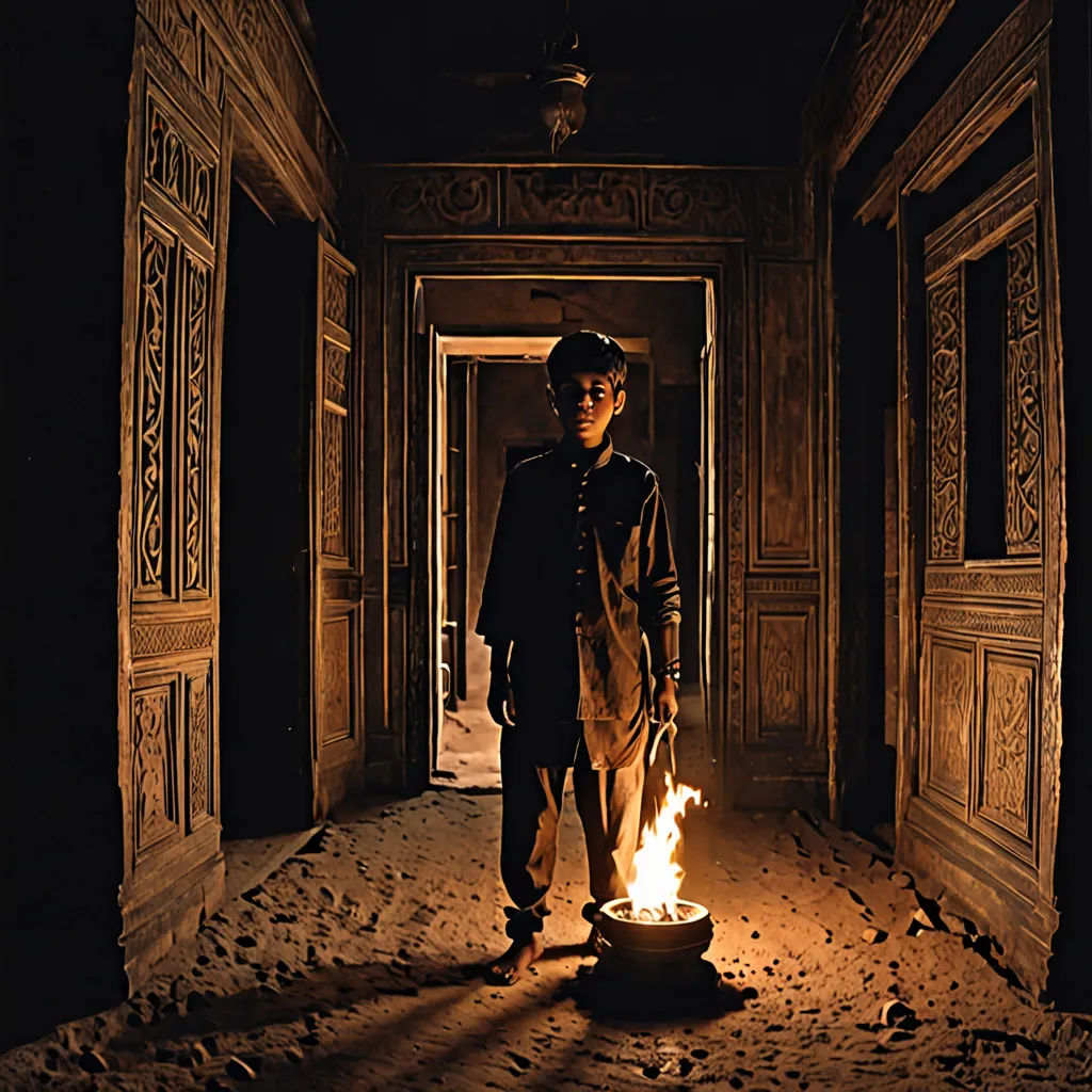 a man standing in a dark hallway next to a fire pit in the middle of the floor with a door open, dau-al-set, a detailed matte painting, Amir Zand, cinematic photography