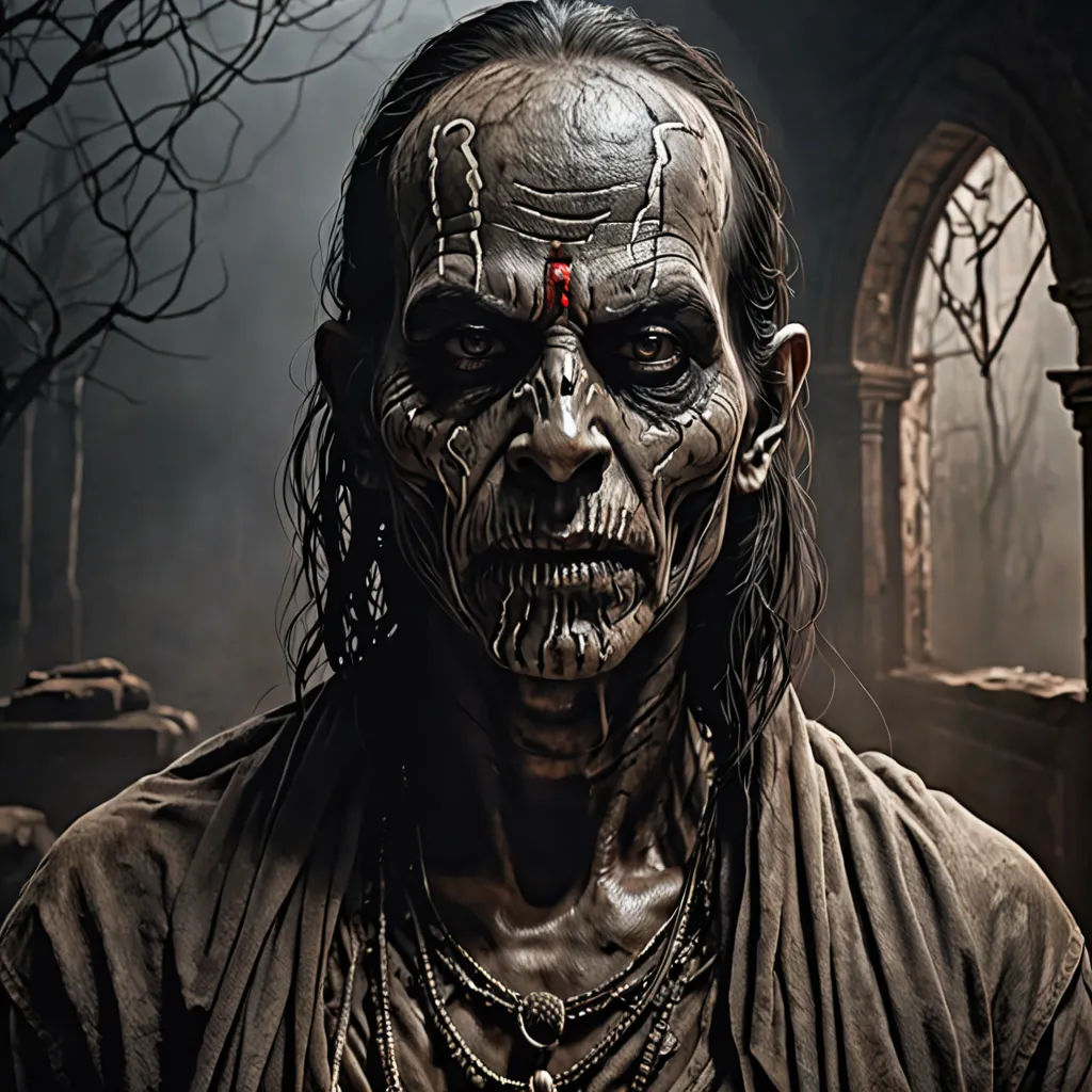 a man with a creepy face and a creepy look on his face and chest, standing in a dark room, gothic art, a detailed matte painting, Dirk Crabeth, weta digital