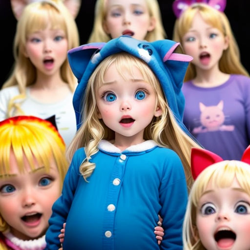 a group of dolls with blue eyes and blonde hair are standing in a row with their mouths open and looking surprised
