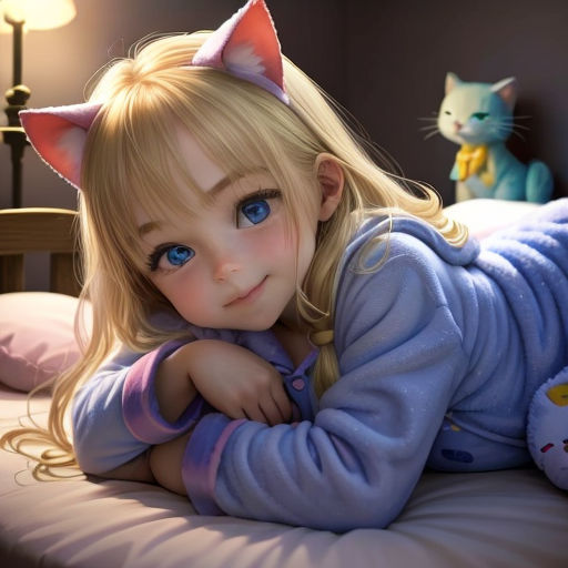 a little girl laying on a bed with a cat on her head and a cat toy on the bed