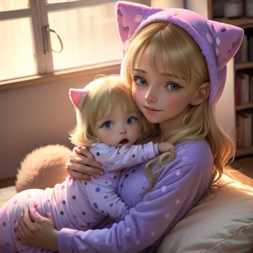 a painting of a girl and a cat hugging on a bed with a cat hat on her head and a cat tail on her head