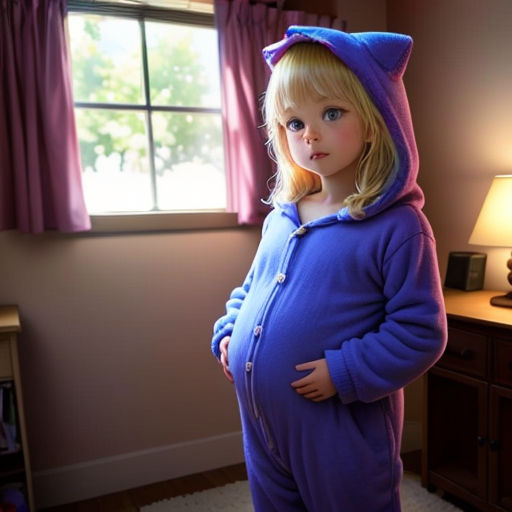 a little girl in a purple cat costume standing in a room with a window and a rug on the floor