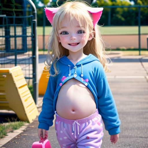 a little girl in a blue hoodie and pink pants is walking with a pink toy in her hand