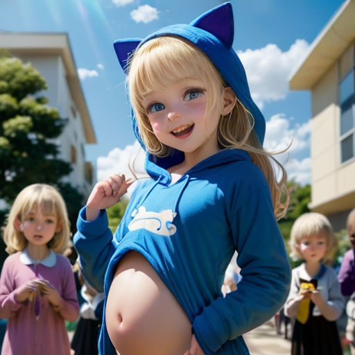 a little girl in a blue cat costume standing in front of a group of children in dresses and dresses