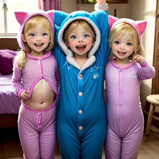 three children in pajamas are standing next to each other in pajamas and cats onesuits on their heads
