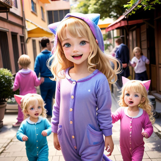 a group of children walking down a sidewalk in pajamas and hats on their heads and feet, with a woman in the background