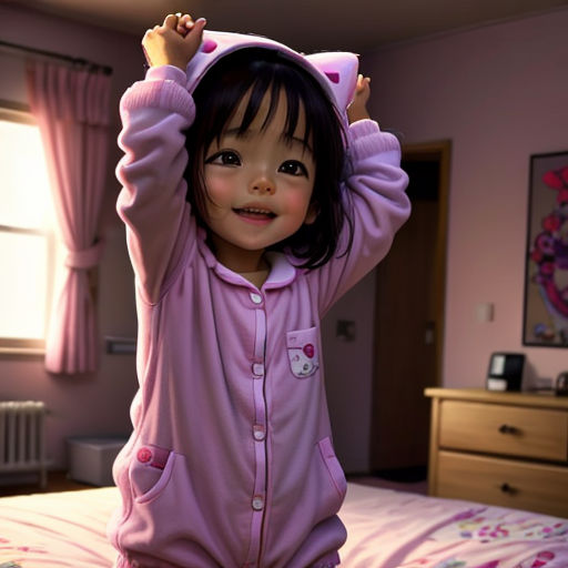 a little girl in a pink pajamas on a bed with her hands up to her head and her hands on her head