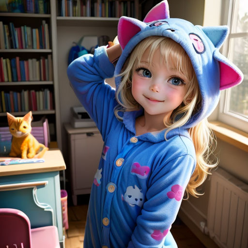 a little girl in a blue kitty onesie standing in a room with a cat on the floor and a cat on the table