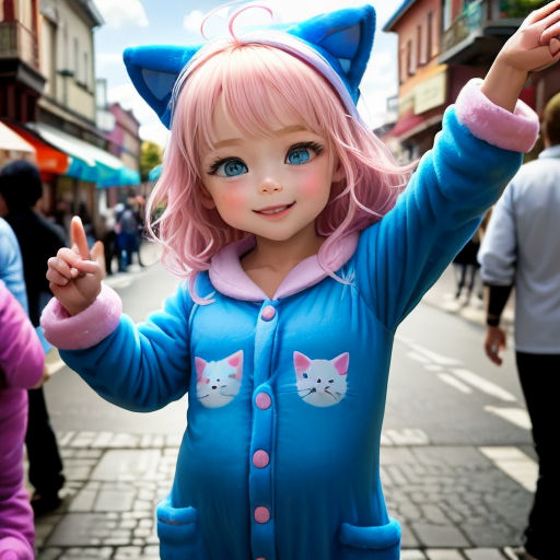 a doll dressed in a blue cat costume on a street corner with people walking by and a woman in a pink top