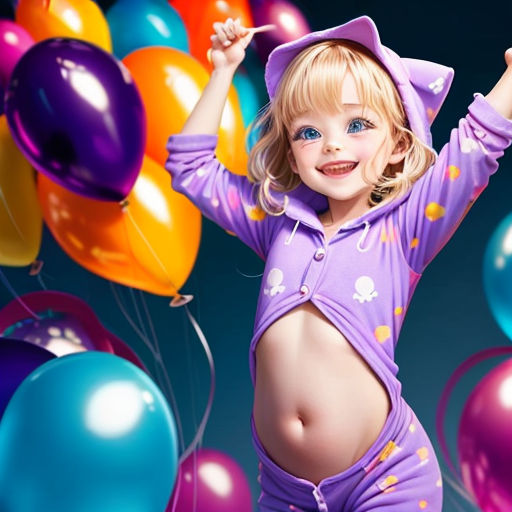 a little girl in a purple outfit and balloons in the air with her arms up in the air and her stomach exposed