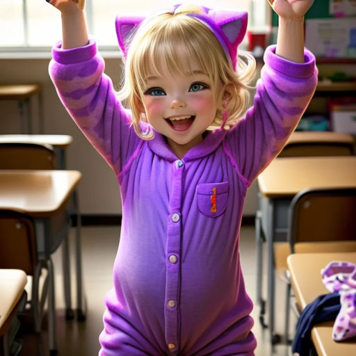 a little girl in a purple cat suit in a classroom with her hands up in the air and her hands up in the air