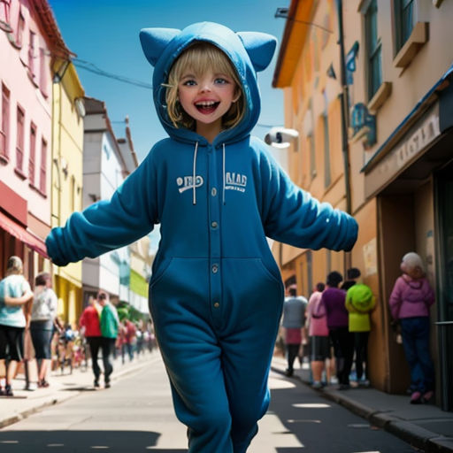 a child in a blue cat suit is walking down the street with a group of people behind him and a blue sky