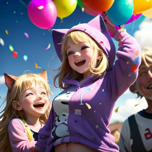 a little girl holding a bunch of balloons with a man standing behind her and a man standing behind her