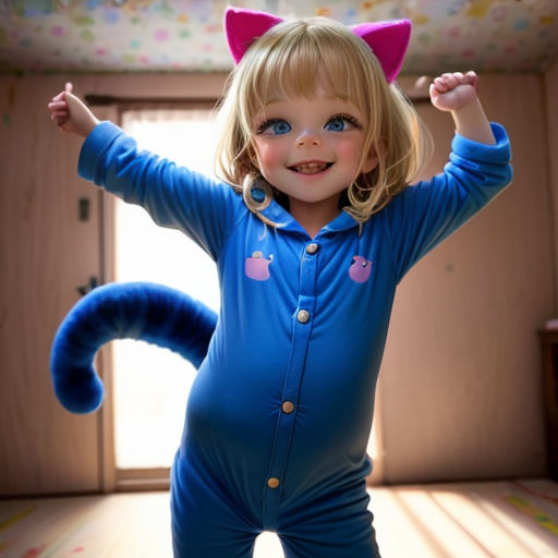 a little girl in a blue cat costume is dancing on a wooden floor with her arms up in the air