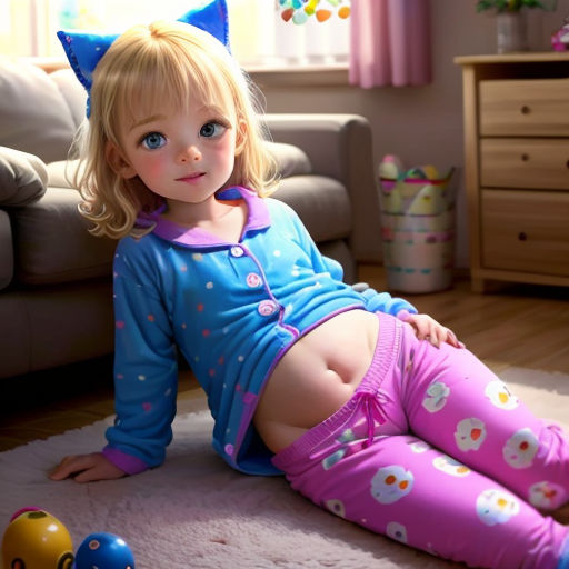 a little girl sitting on the floor with her legs crossed and wearing pajamas and a cat hat on her head