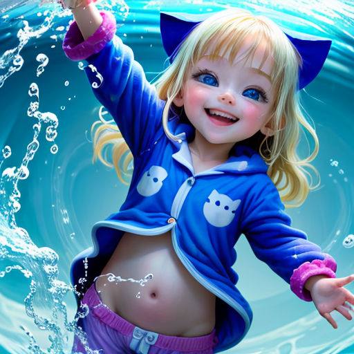 a little girl in a blue jacket and pink pants is in the water with her arms up and her shirt is up