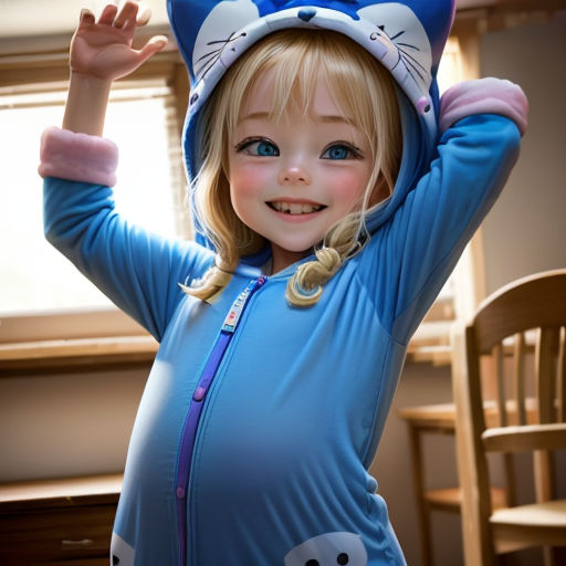 a little girl in a blue cat costume standing in a room with a chair and a window behind her