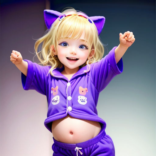 a little girl in a purple cat outfit posing for a picture with her hands up in the air and her eyes closed