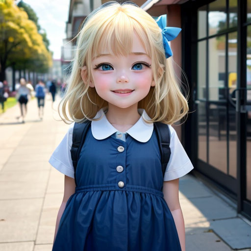 a little girl with blonde hair and blue eyes is standing on a sidewalk in front of a storefront