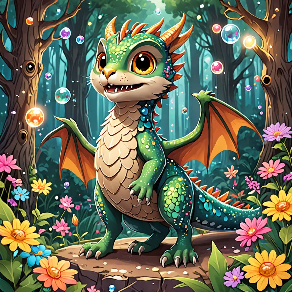 a dragon with bubbles in the forest with flowers and trees in the background, and a forest with flowers and trees in the foreground, fantasy art, a character portrait, Chris LaBrooy, dragon art
