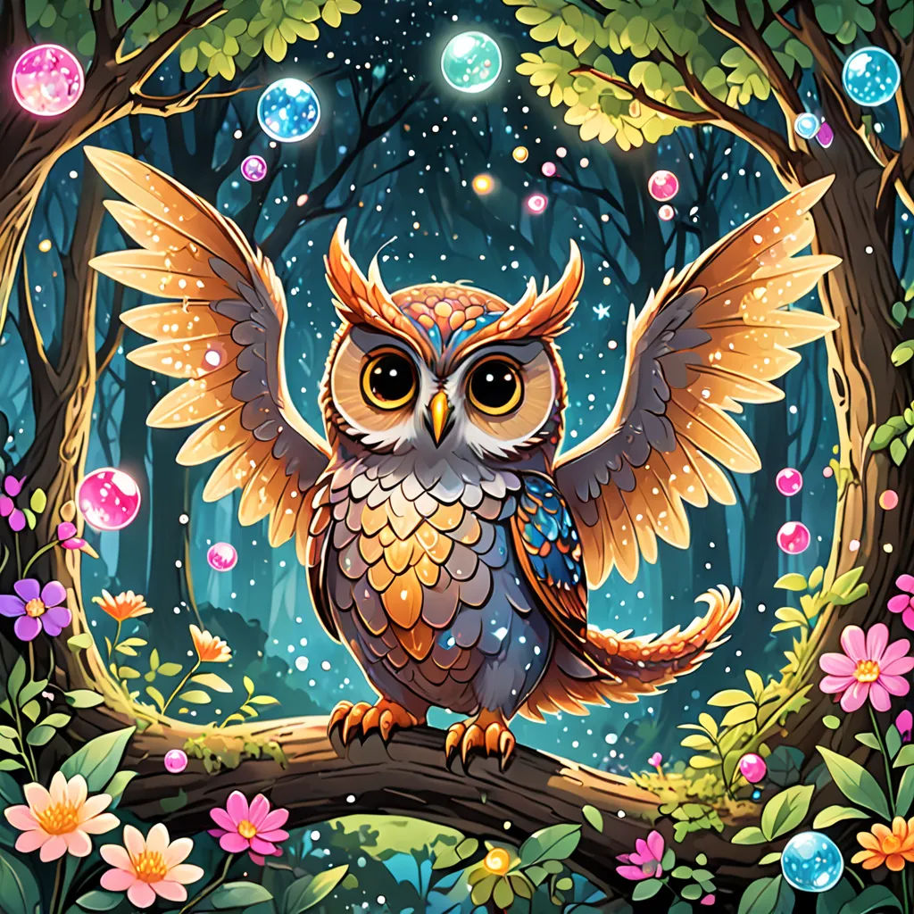 a painting of an owl sitting on a branch in a forest with bubbles and flowers around it, with a full moon in the background, fantasy art, a detailed painting, Chris LaBrooy, rossdraws global illumination