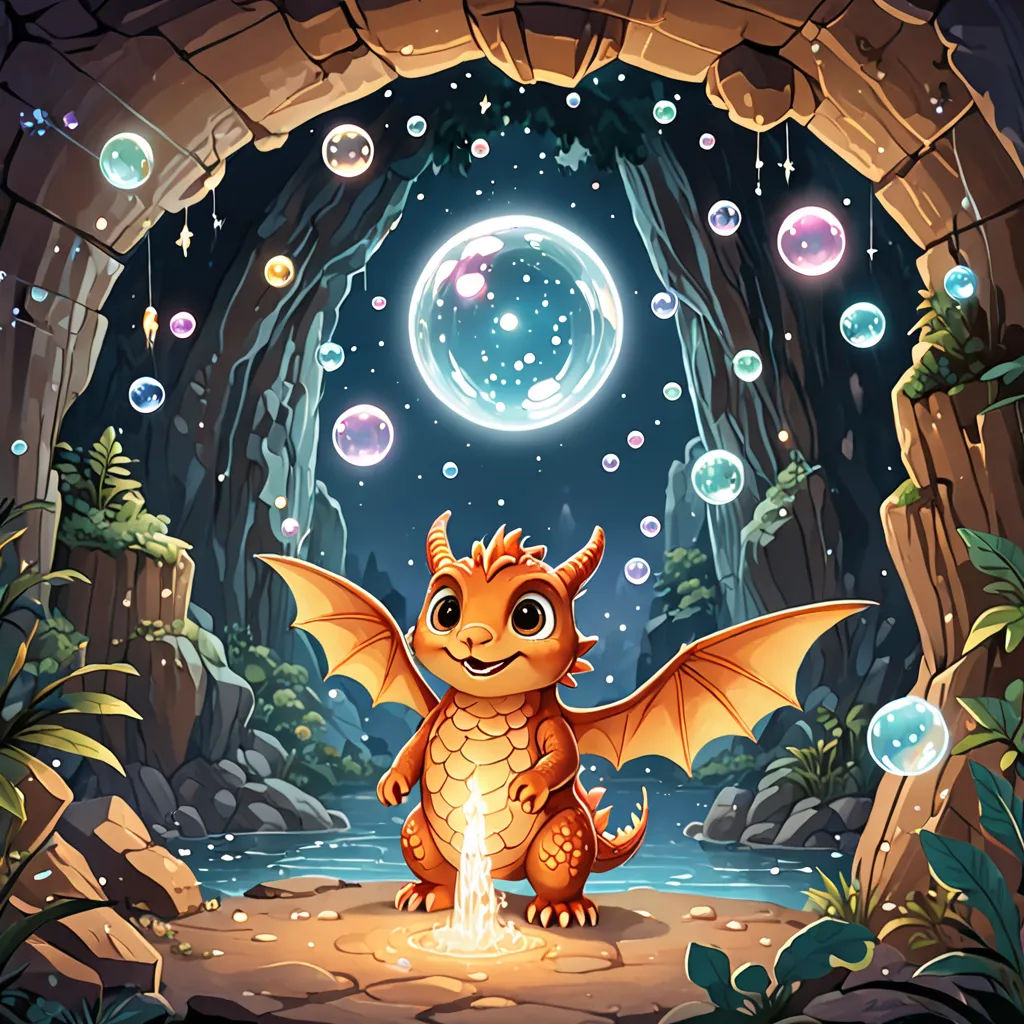 a dragon sitting in a cave with bubbles around it and a moon in the sky above it, with a stream of water running through it, fantasy art, poster art, Chris LaBrooy, dragon art