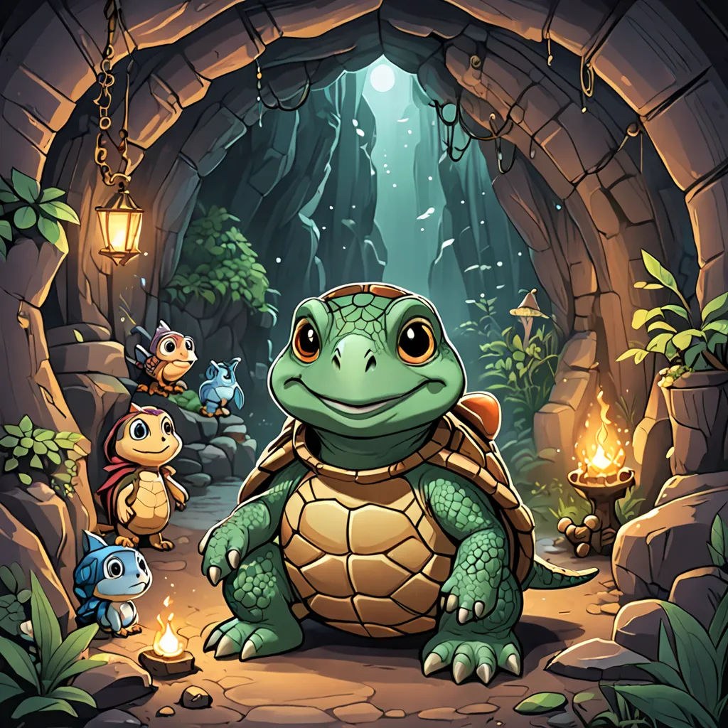 a cartoon turtle sitting in a cave with other animals around it and a lantern in the background with a light on, sots art, a storybook illustration, Brom, game art