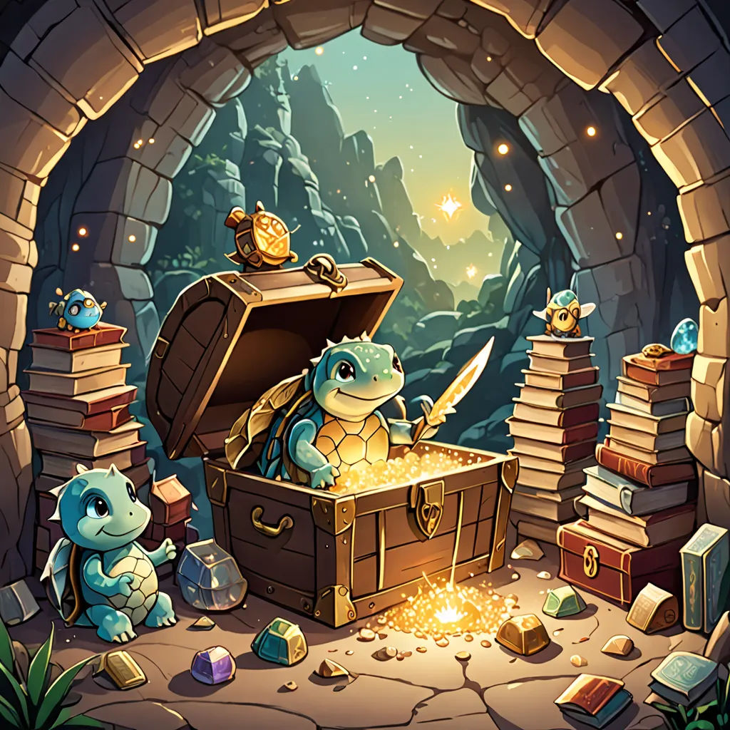 a cartoon of a turtle in a trunk with a sword and a box full of gold coins and a turtle, fantasy art, a storybook illustration, Chris LaBrooy, official art