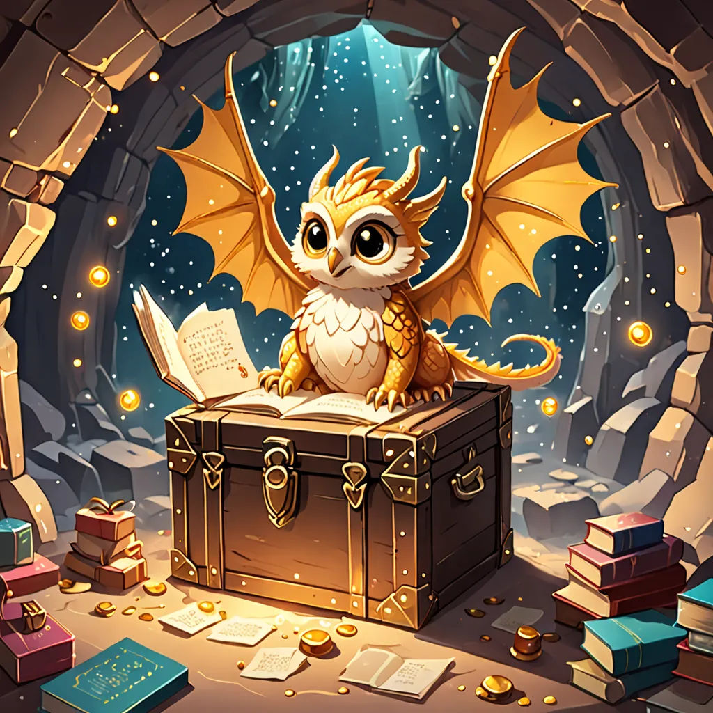 a cartoon of a little owl sitting on a chest of books with a dragon on top of it and a book in front of it, fantasy art, a storybook illustration, Chris LaBrooy, dragon art